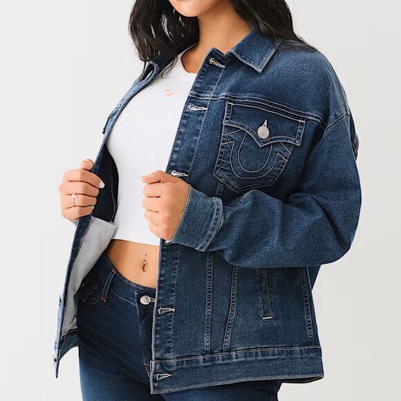 True Religion Women's NWT Printed Oversized Denim Jacket Size L - Picture 2 of 16